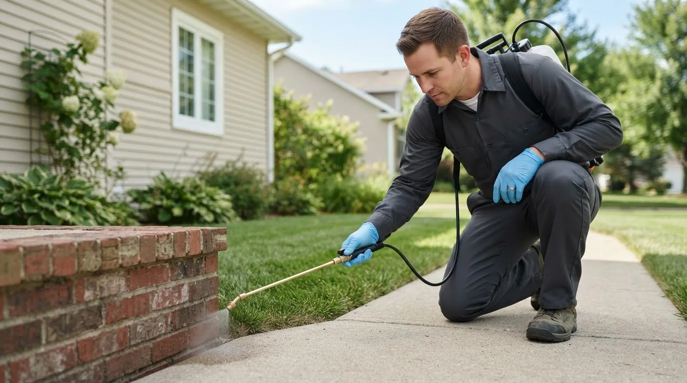 Pest control technician treating a home near Allardt, TN